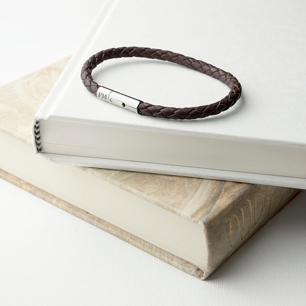 Personalised Men's Cedar Brown Woven Leather Bracelet with Capsule Tube Clasp