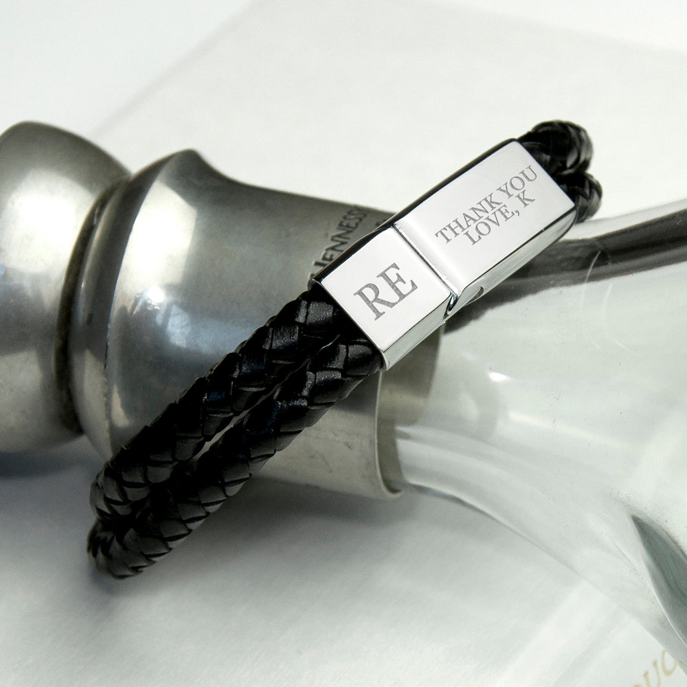 Personalised Men's Dual Leather Woven Bracelet in Black