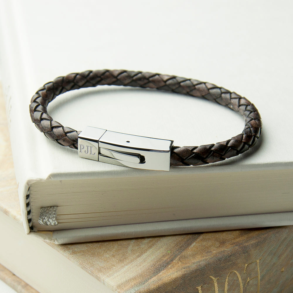 Personalised Men's Leather Bracelet with Tube Clasp