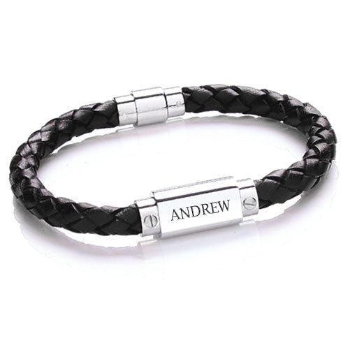 Personalised Luxury Mens Leather Bracelet with Engraved Nameplate