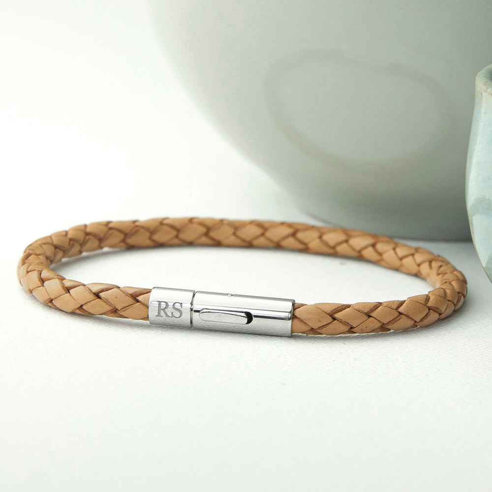 Personalised Tan Woven Leather Bracelet for Men