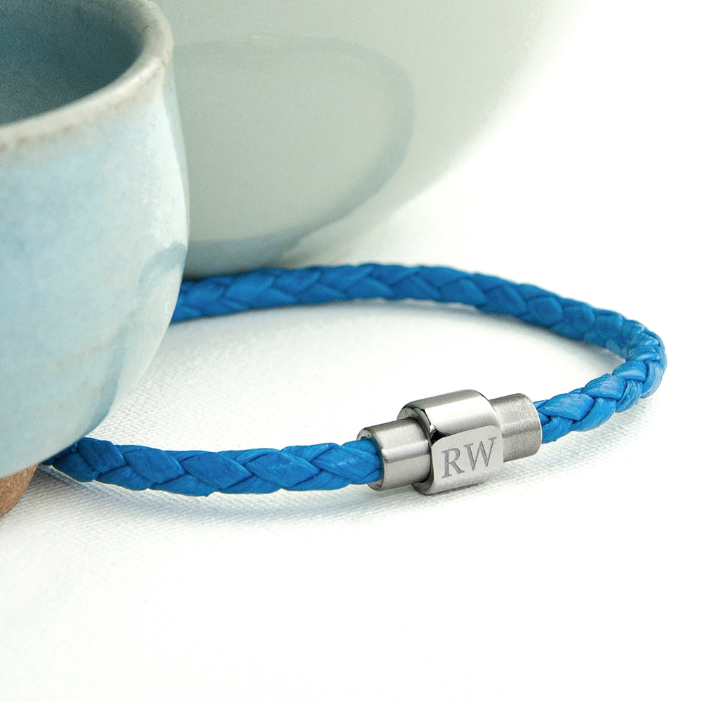 Personalised Mens Woven Leather Bracelet in Cobalt Blue