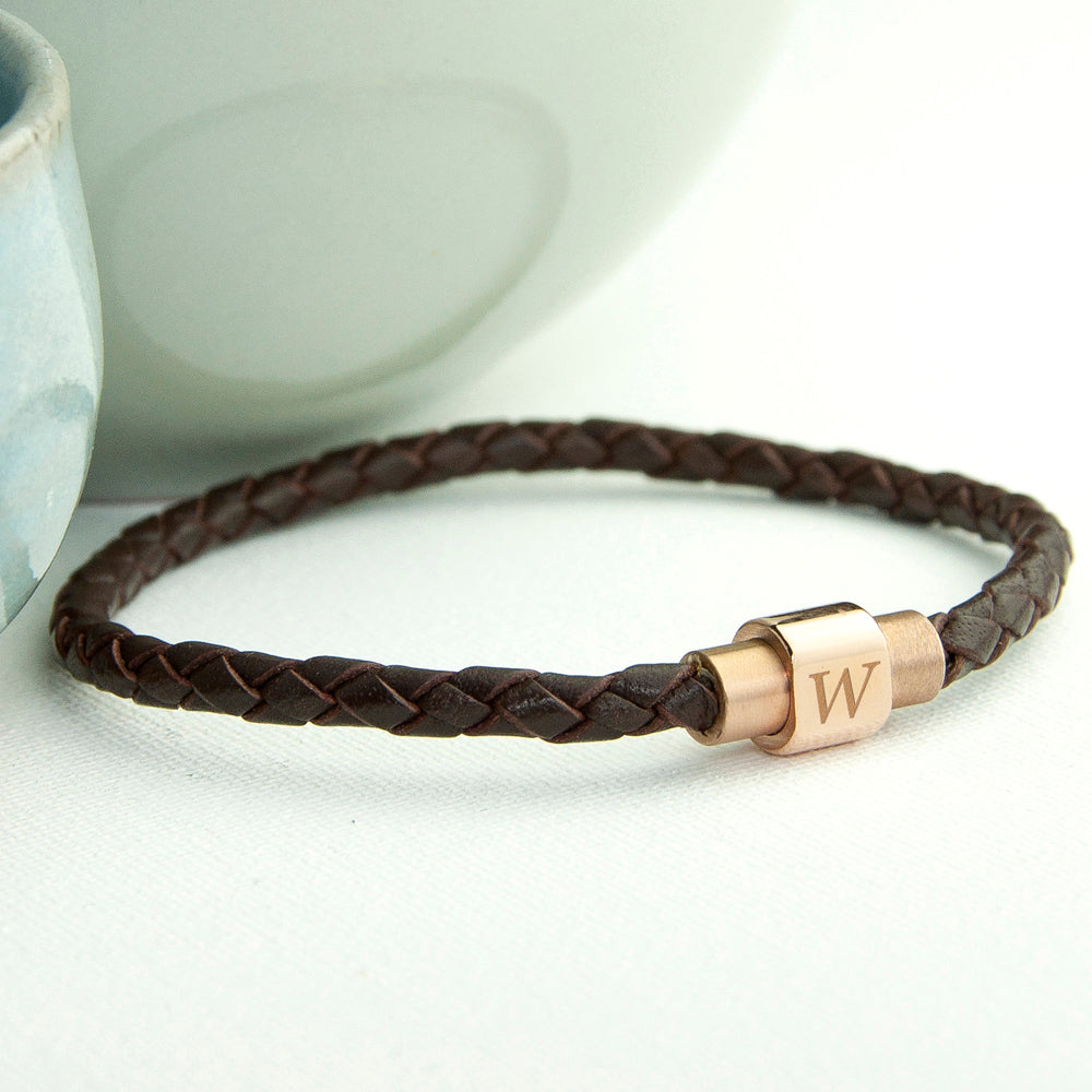 Personalised Mens Woven Leather Bracelet with Rose Gold Clasp