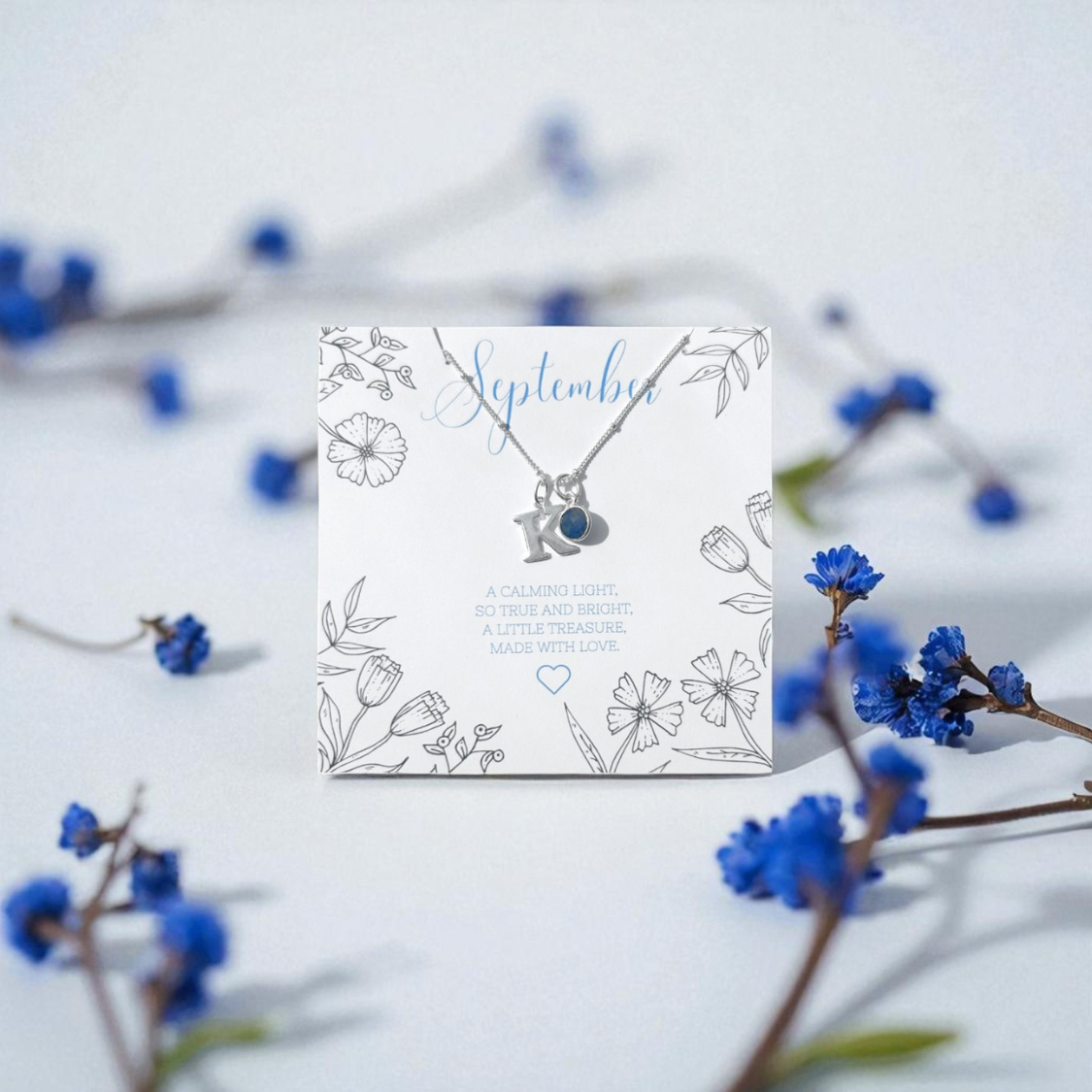 September Birthstone Pearl and Sapphire Jewellery Set with Personalised Necklace