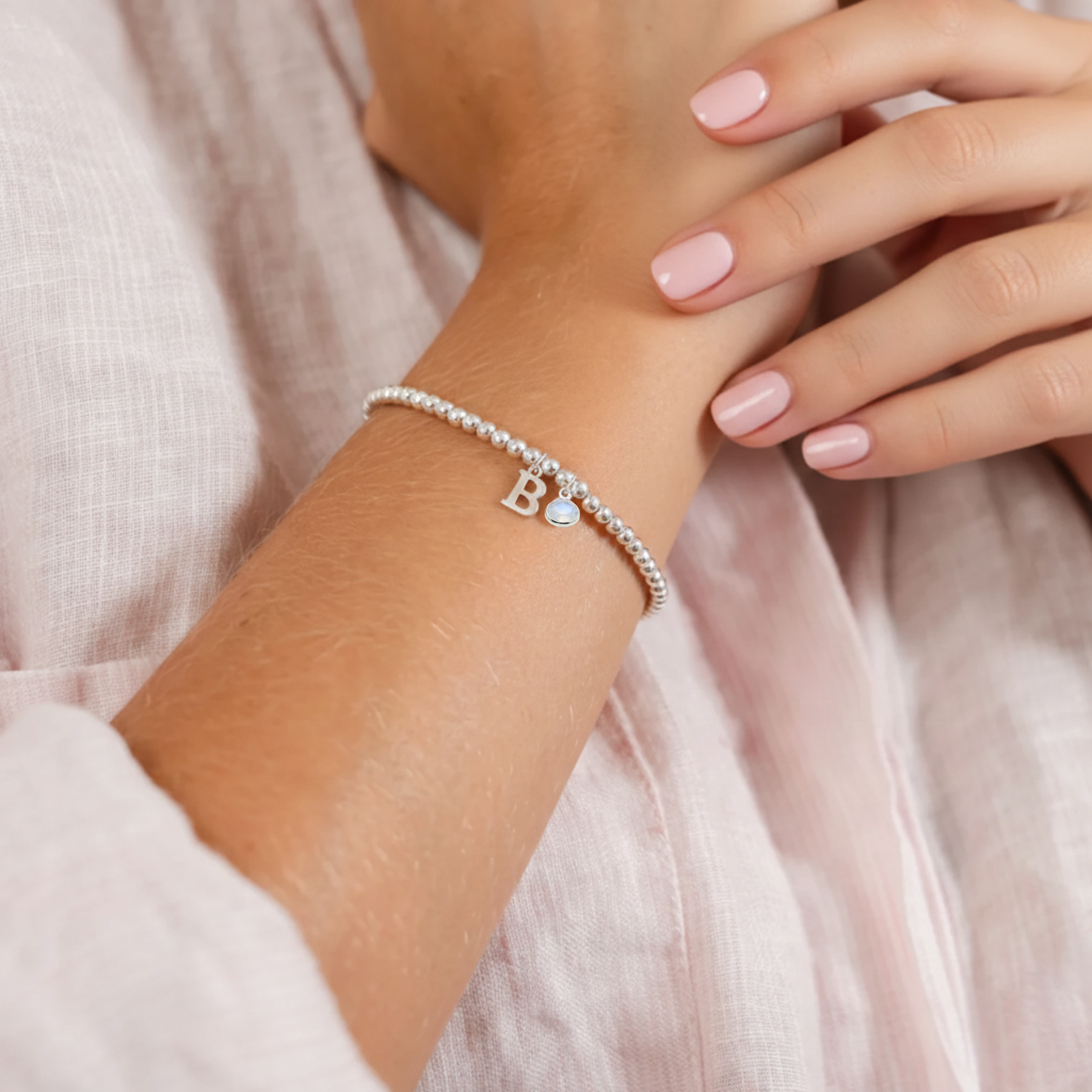 Personalised June Birthstone Initial Letter Moonstone Charm Bracelet