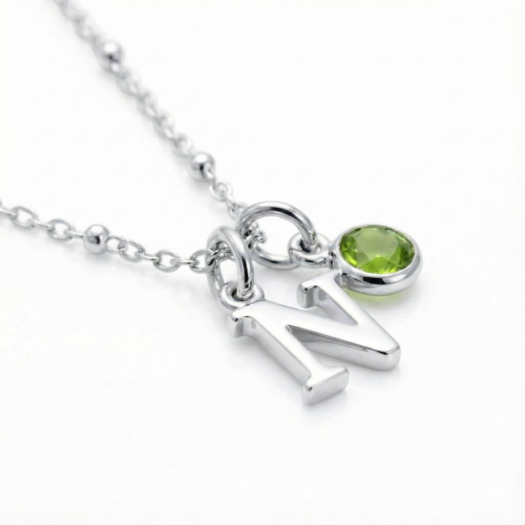 Personalised Initial and August Birthstone Necklace in Sterling Silver