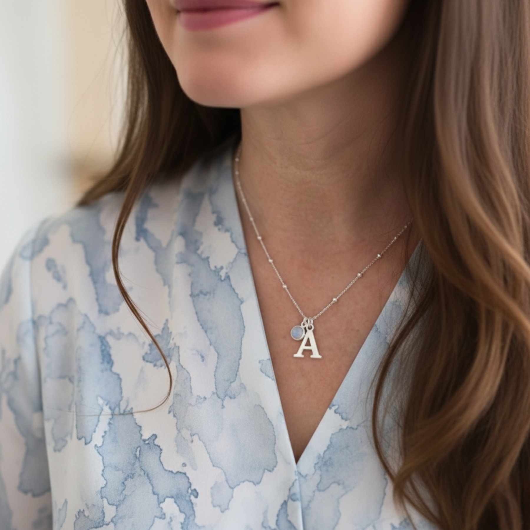 June Birthstone Necklace with Initial Charm Moonstone