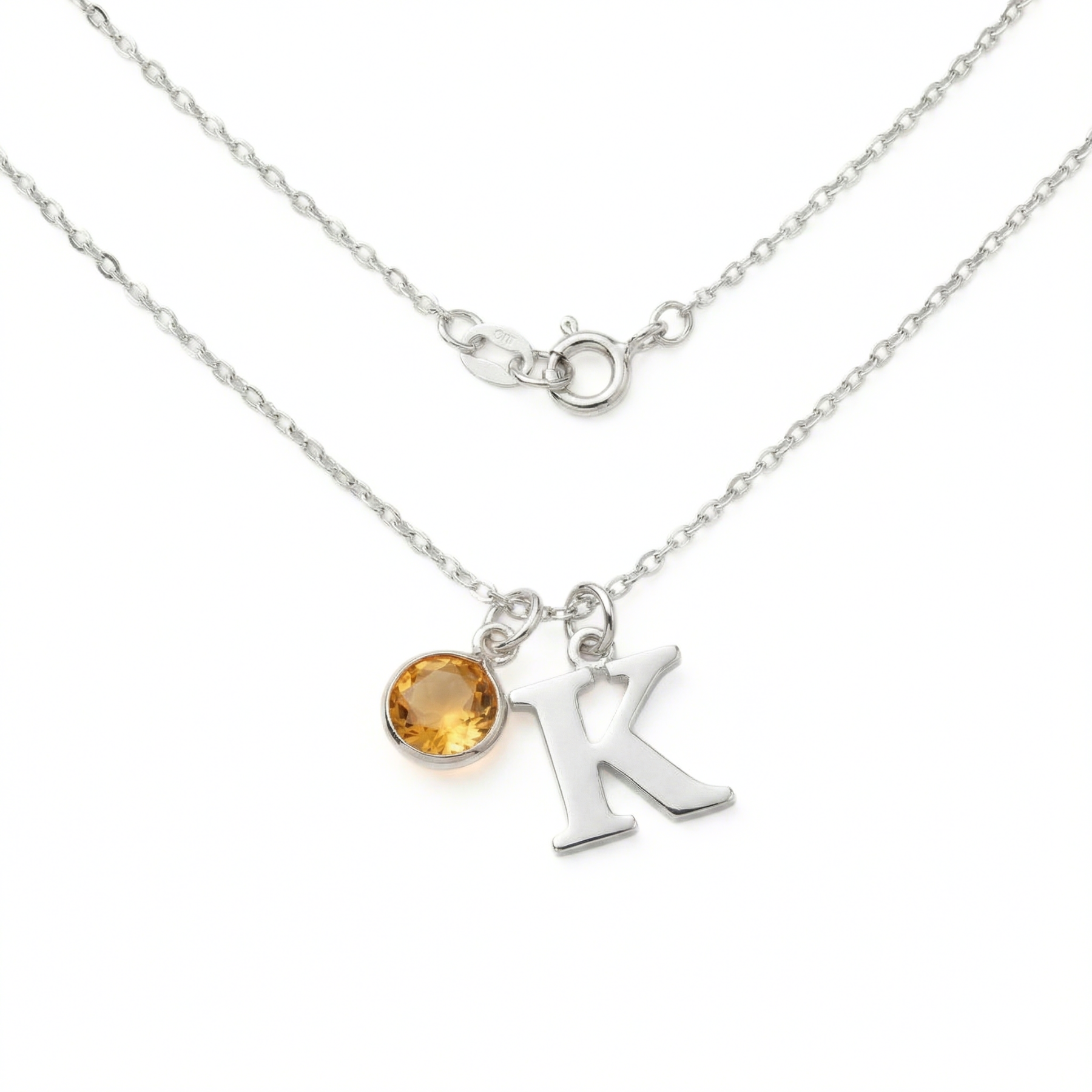 Personalised November Birthstone and Initial Necklace in Sterling Silver