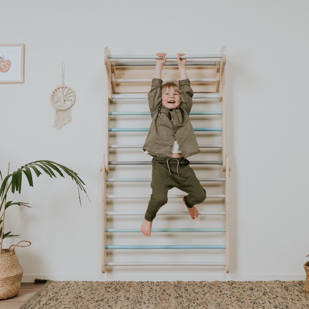 a soft pastel climbing set in a cozy nursery with gentle morning light