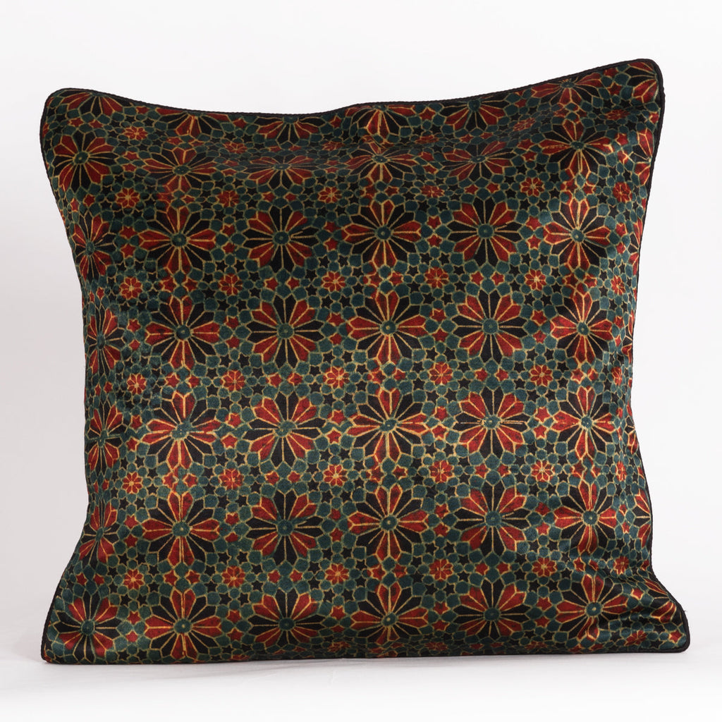 Geometric Flowers Hand Block Print Silk Cushion Cover in Red and Black
