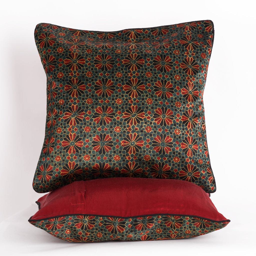 Geometric Flowers Hand Block Print Silk Cushion Cover in Red and Black