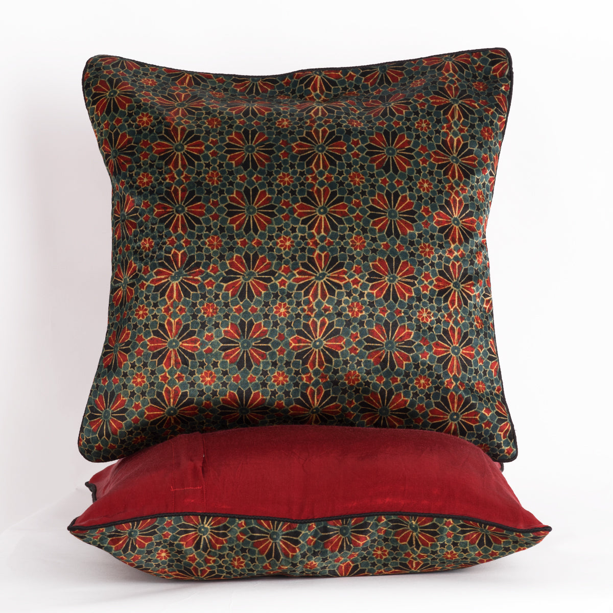 Geometric Flowers Hand Block Print Silk Cushion Cover in Red and Black