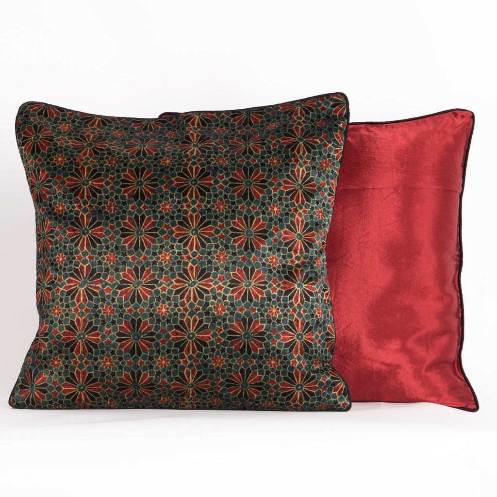 Geometric Flowers Hand Block Print Silk Cushion Cover in Red and Black