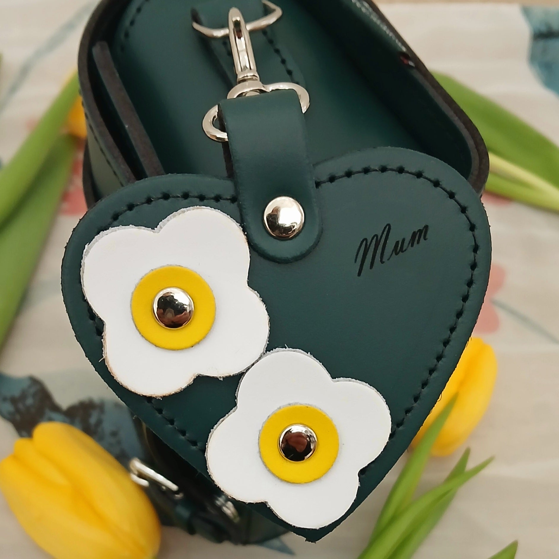 Love Heart Bag Charm with Mum Engraving and Flower Appliques in Pine