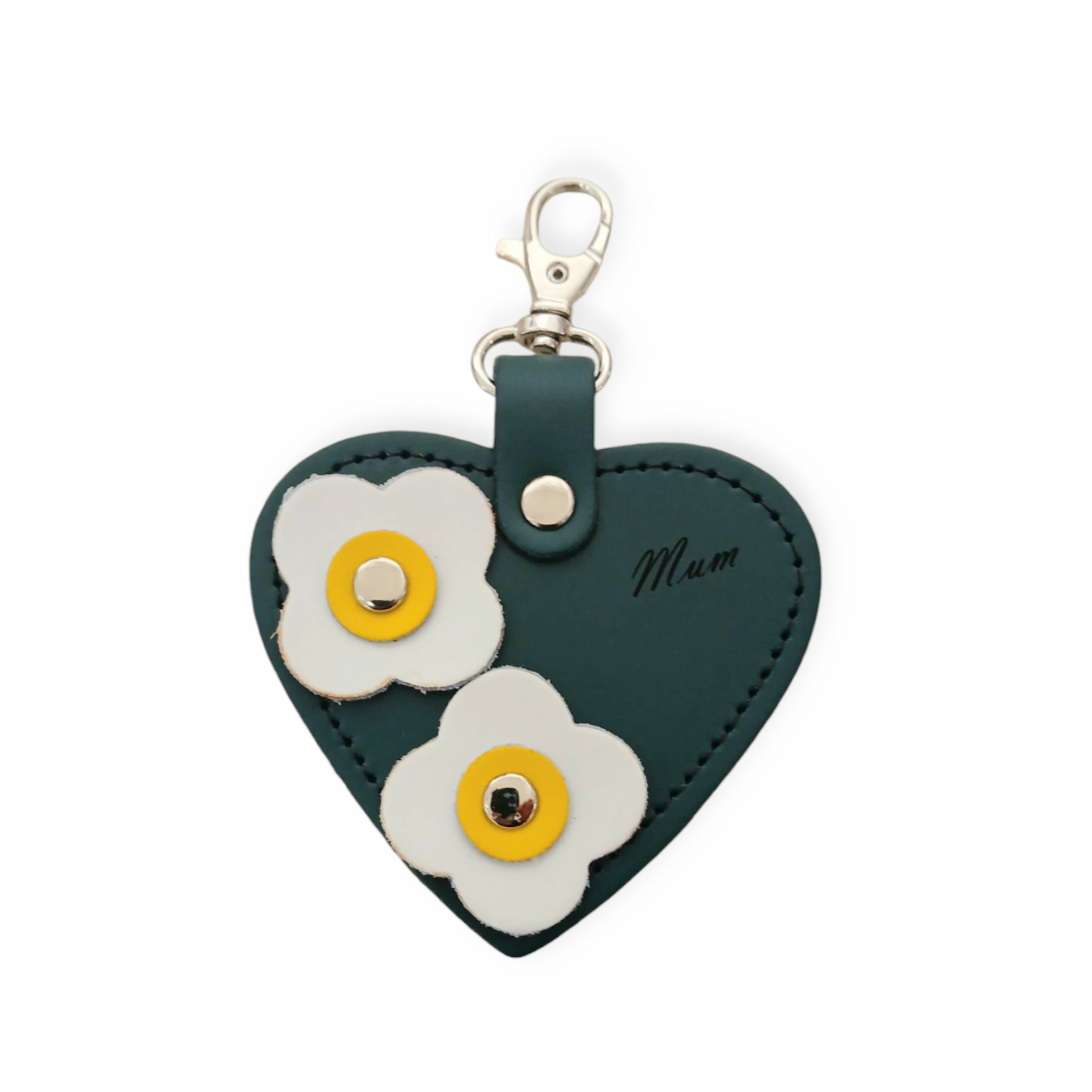 Love Heart Bag Charm with Mum Engraving and Flower Appliques in Pine