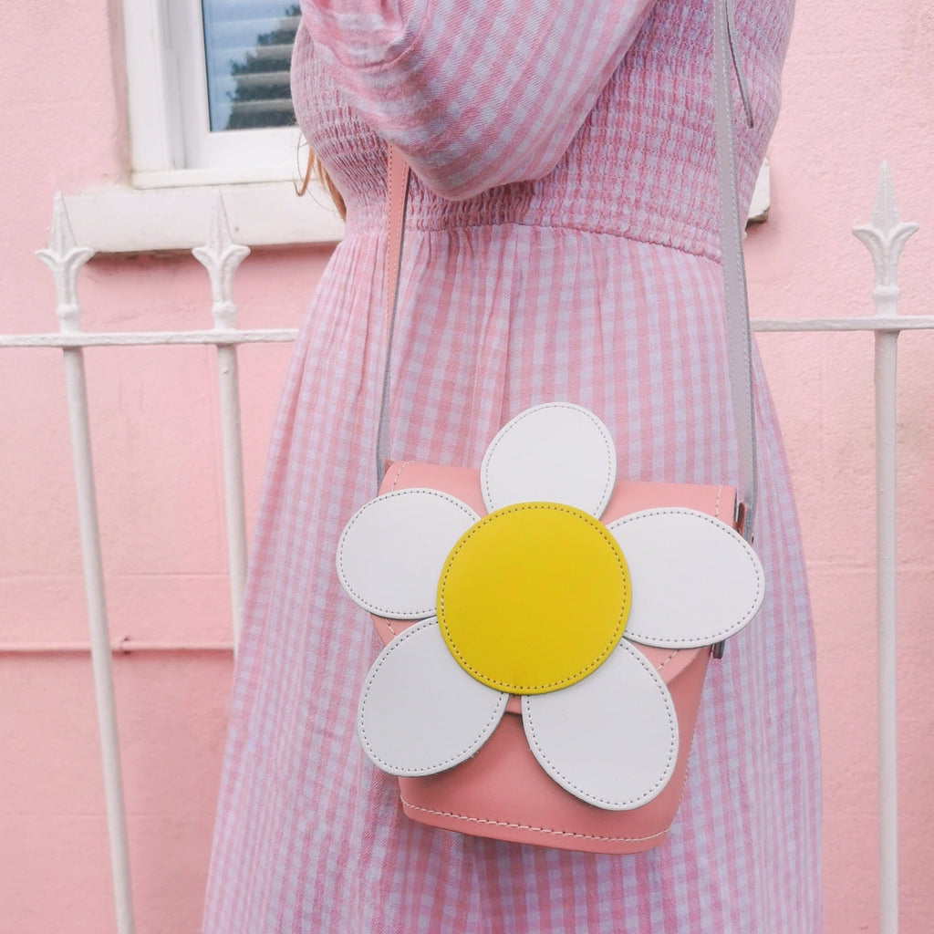 Handmade Leather Daisy Barrel Bag in Pastel Pink