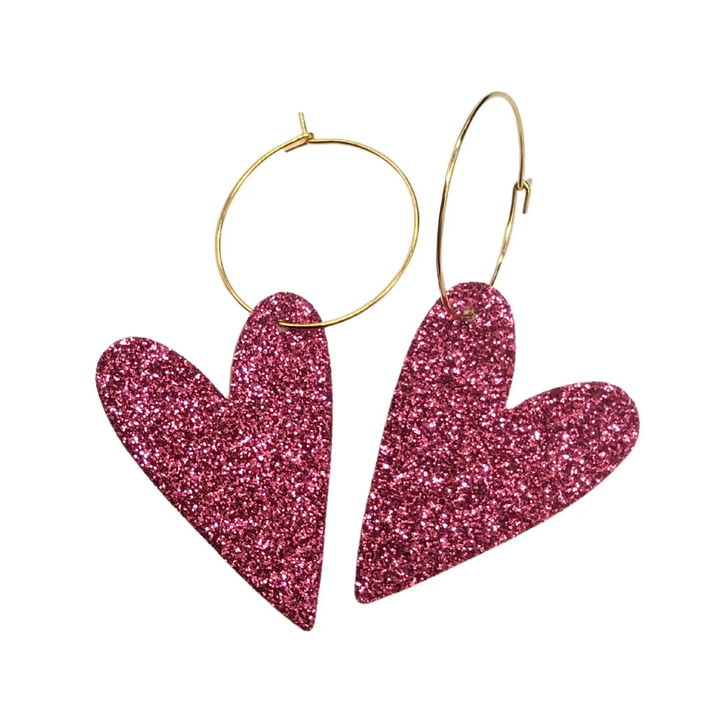 Pink Glitter Heart Hoops in Gold or Silver