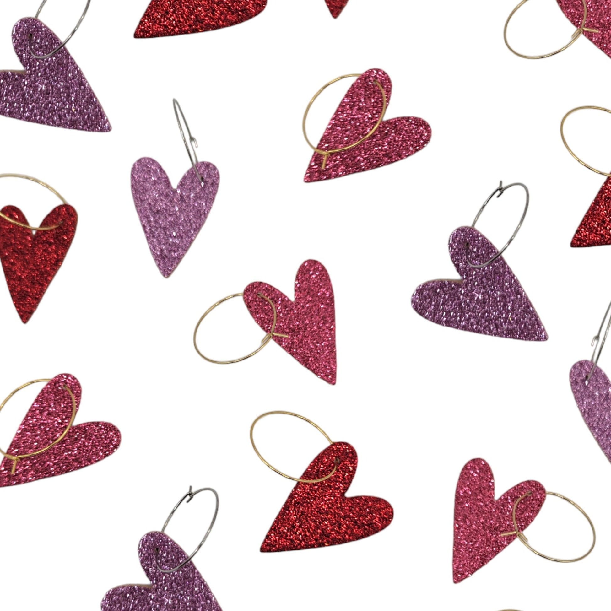 Pink Glitter Heart Hoops in Gold or Silver