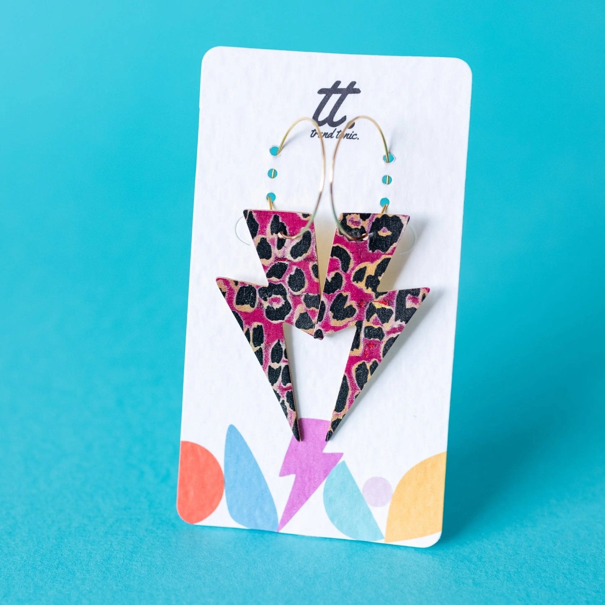 Pink Leopard Print Cork Lightning Bolt Hoop Earrings