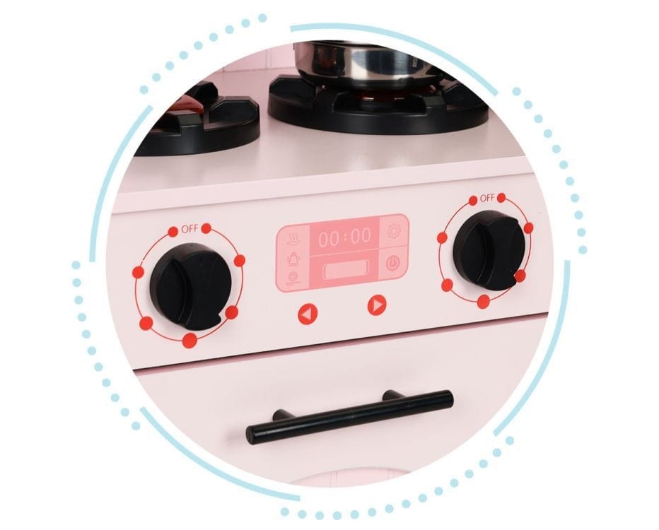 a functional close-up of the pink wooden play kitchen's oven door and clicking knobs
