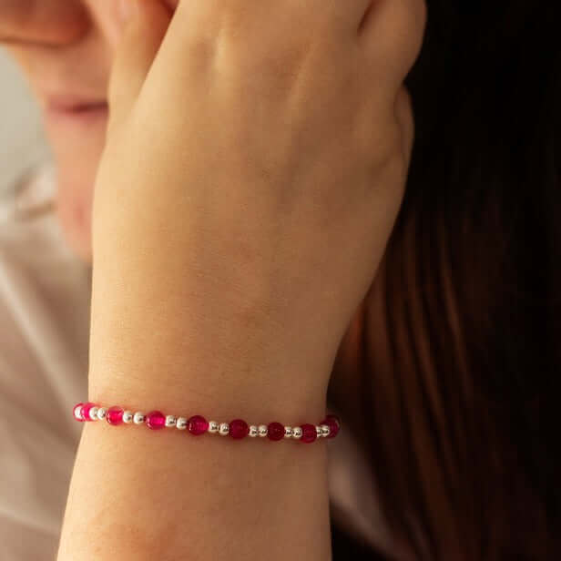 Pink Agate Stone Bracelet with Sterling Silver Beads