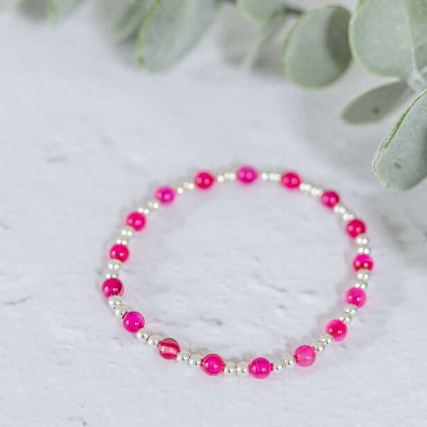 Pink Agate Stone Bracelet with Sterling Silver Beads
