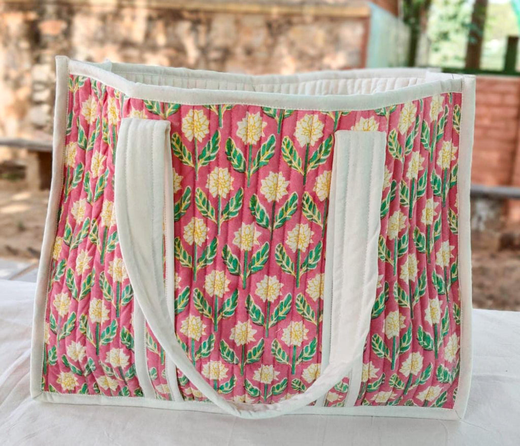 Large Quilted Weekend Tote Bag in Vibrant Pink Block Print