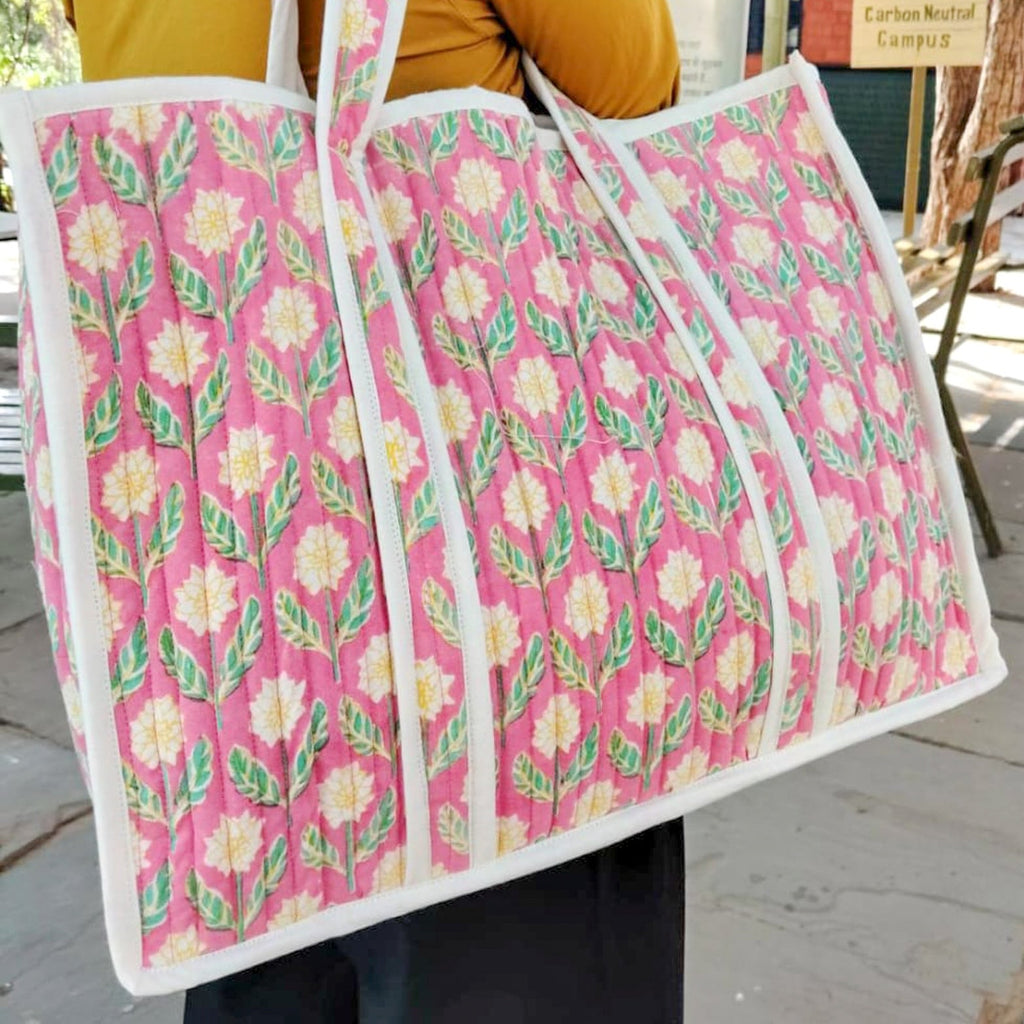 Large Quilted Weekend Tote Bag in Vibrant Pink Block Print