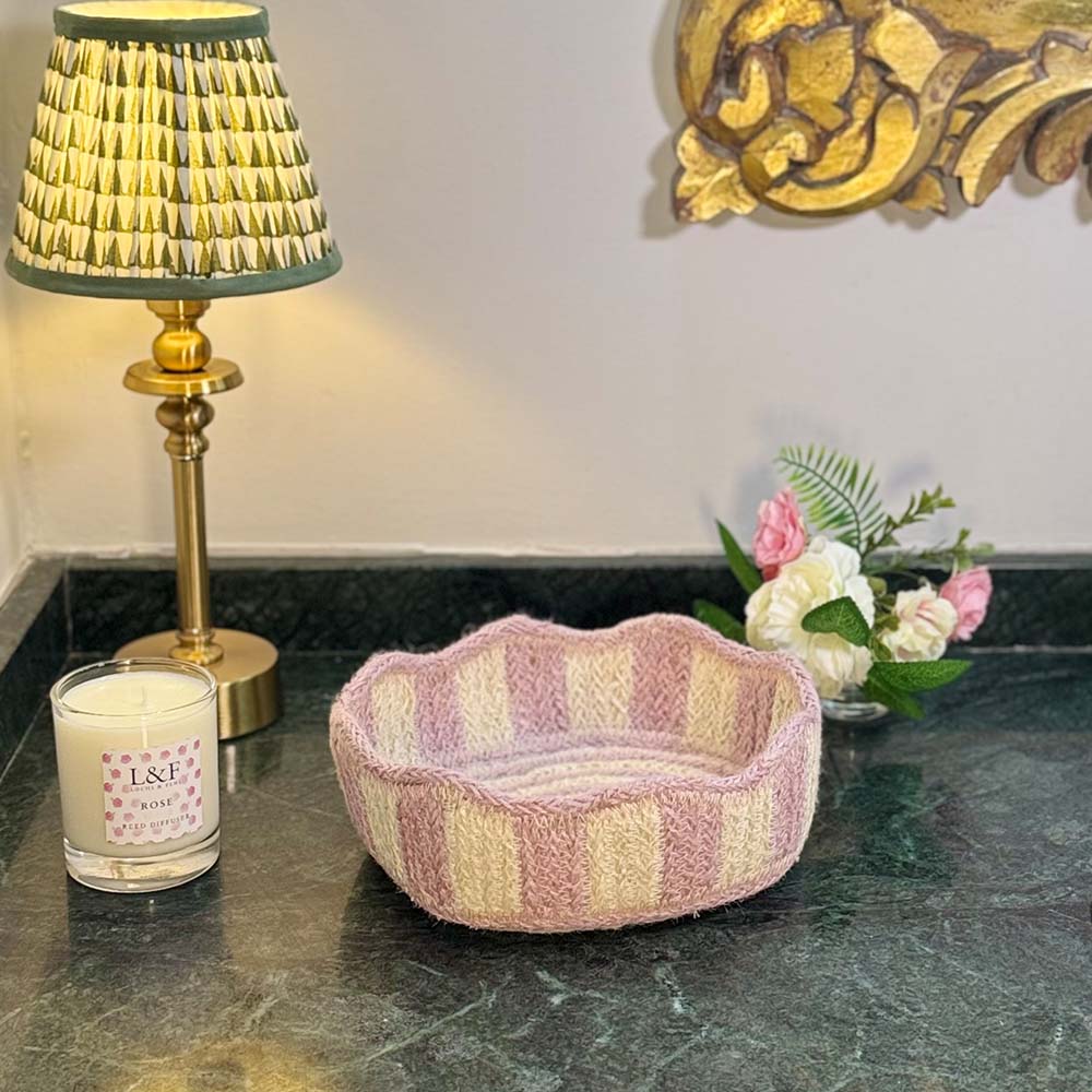 Stripy Scalloped Mini Basket - Dusty Pink