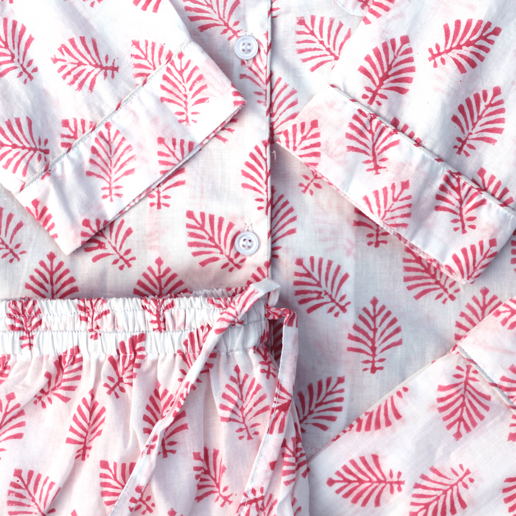 Rose Pink Leaf Pyjamas in Soft Cotton