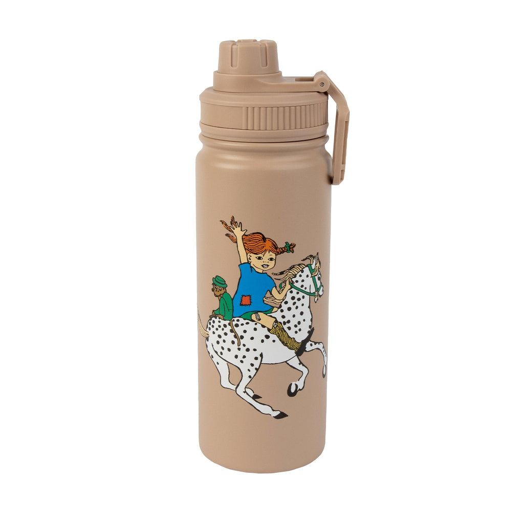 bold beige pippi thermal bottle with moomin art, showcasing its durable stainless steel build and convenient handle