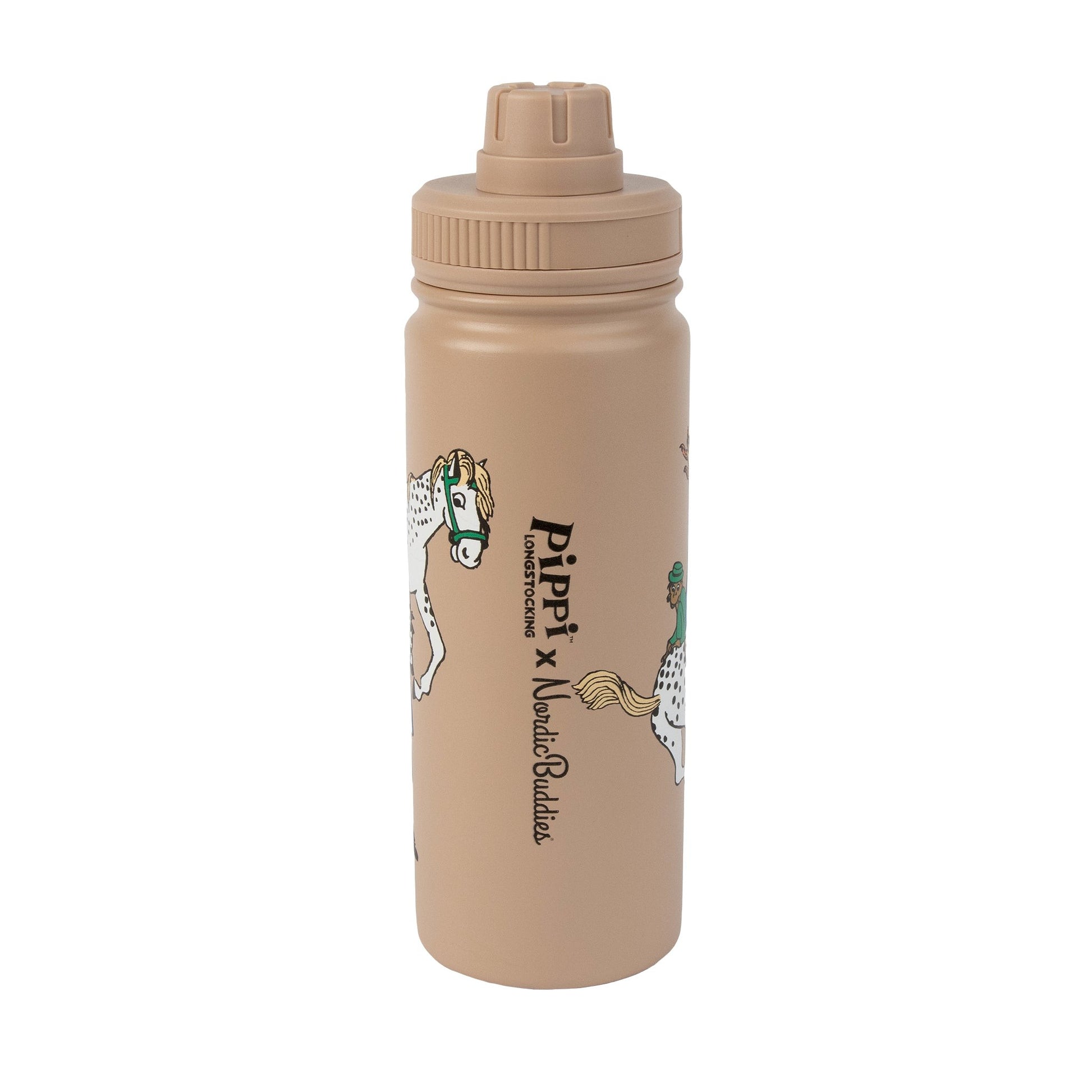 playful beige pippi thermal bottle with moomin character on a sunny picnic blanket