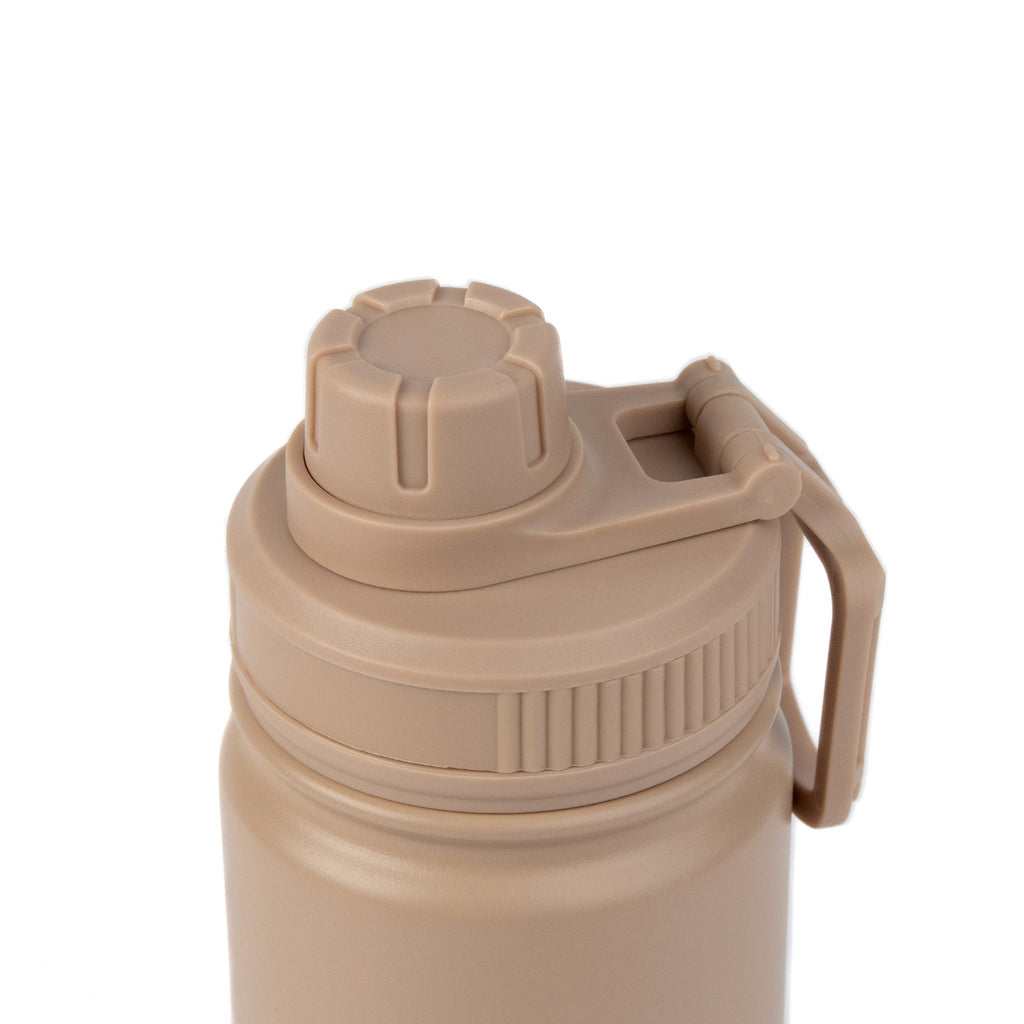 elegant beige pippi thermal bottle with a polished handle on a minimalist marble surface