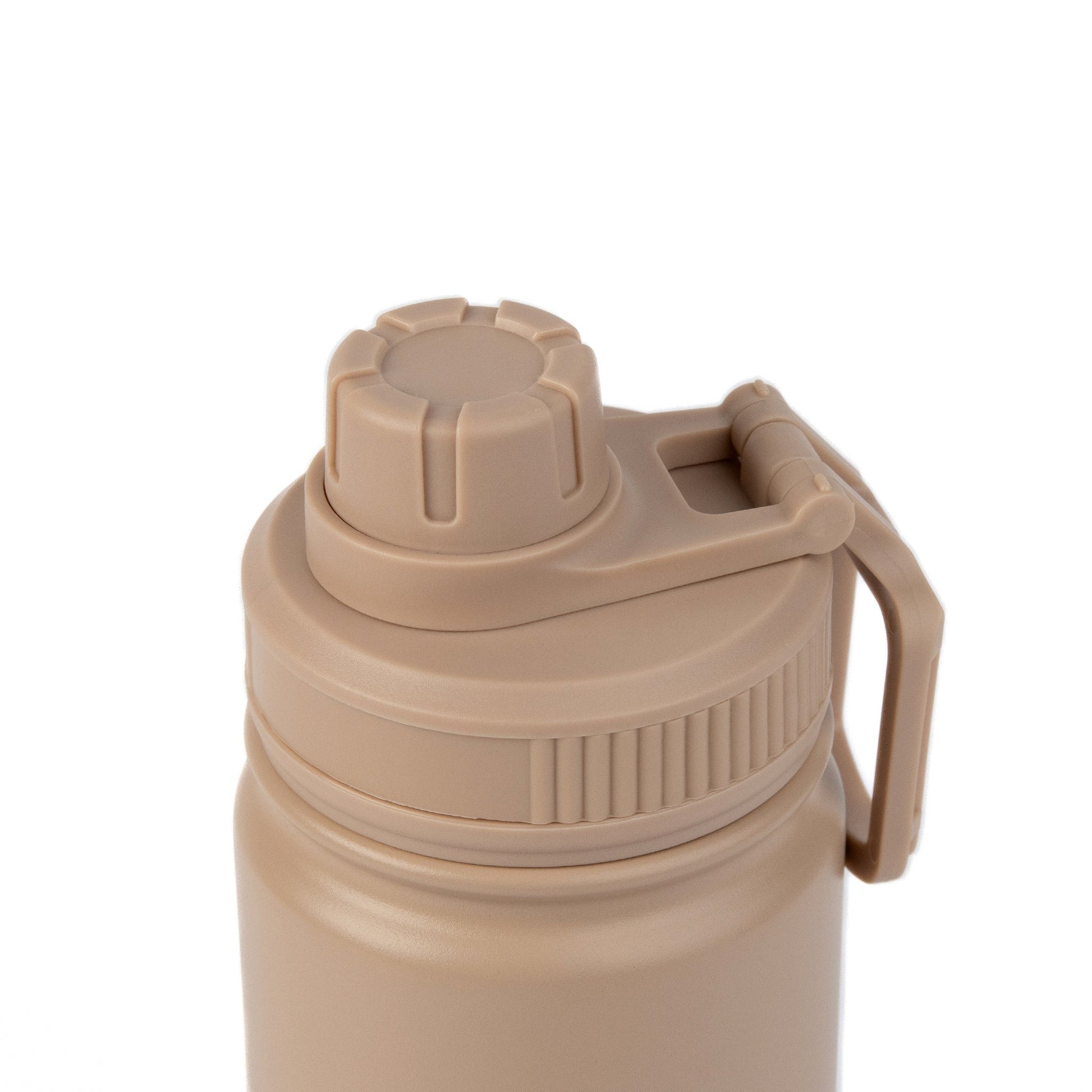 elegant beige pippi thermal bottle with a polished handle on a minimalist marble surface
