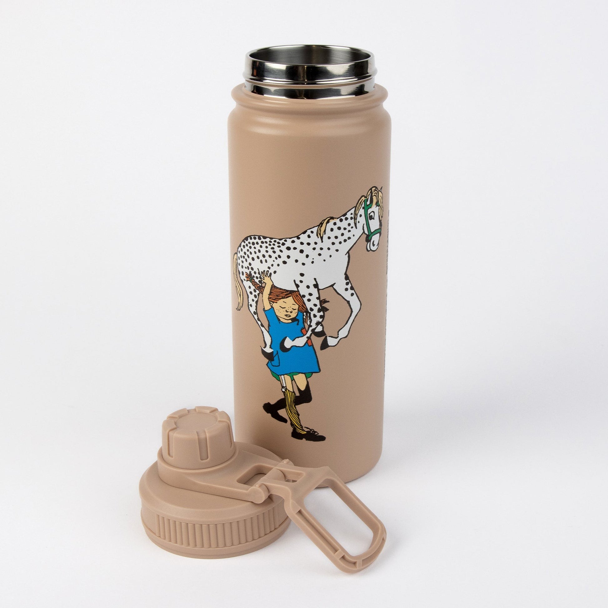 practical beige pippi thermal bottle on a wooden desk, lid off for easy cleaning