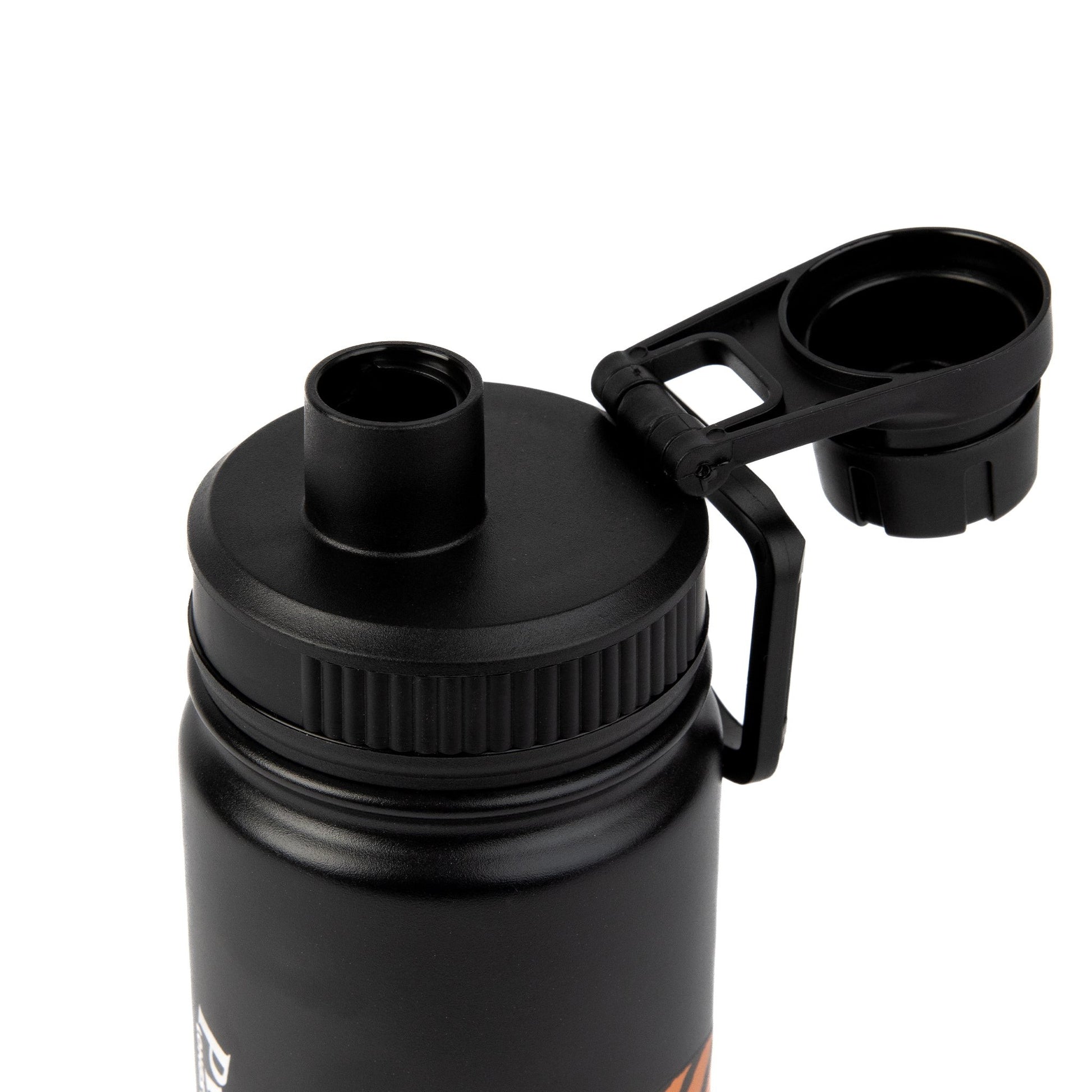 a playful black pippi thermal bottle with its lid off, ready for a fun refill adventure