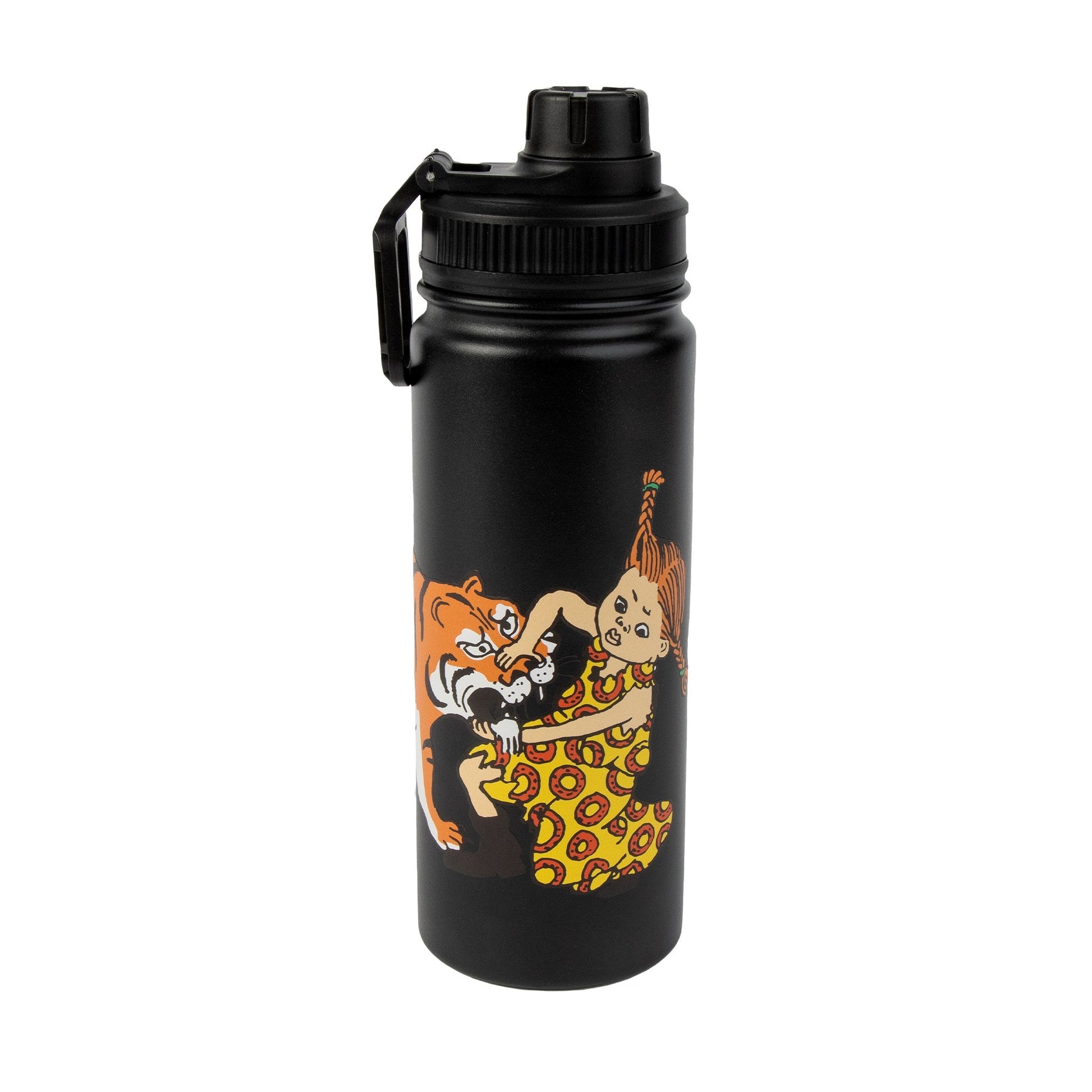 practical black pippi thermal bottle with removable lid on a wooden desk