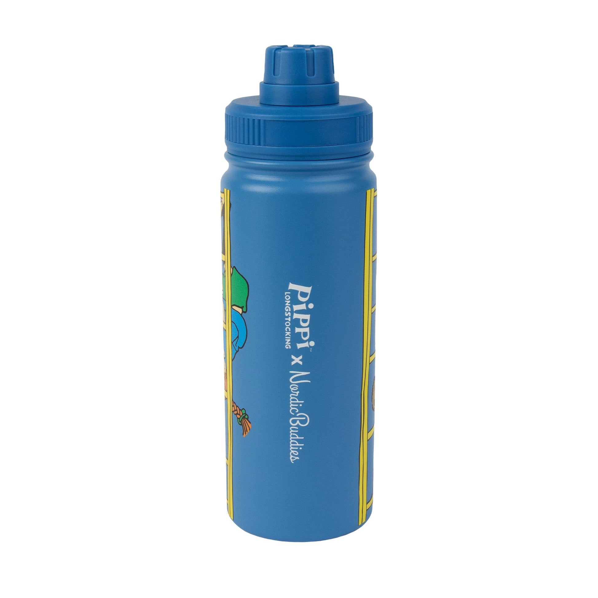 elegant blue pippi thermal bottle with a sophisticated matte finish, resting on a marble surface