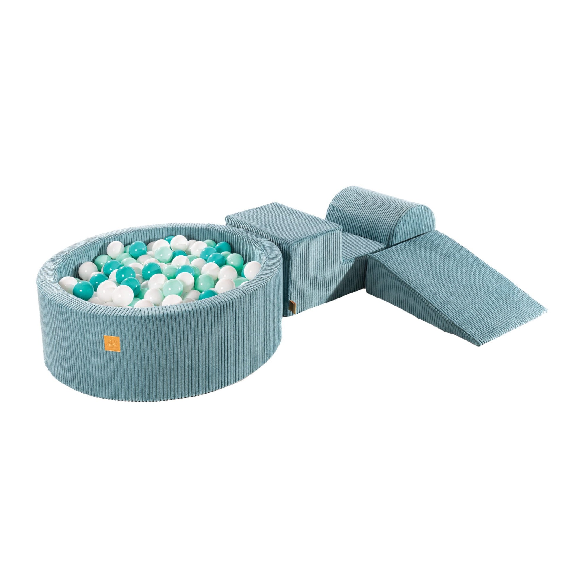 bold turquoise mint toddler playset commanding a bright, minimalist play space