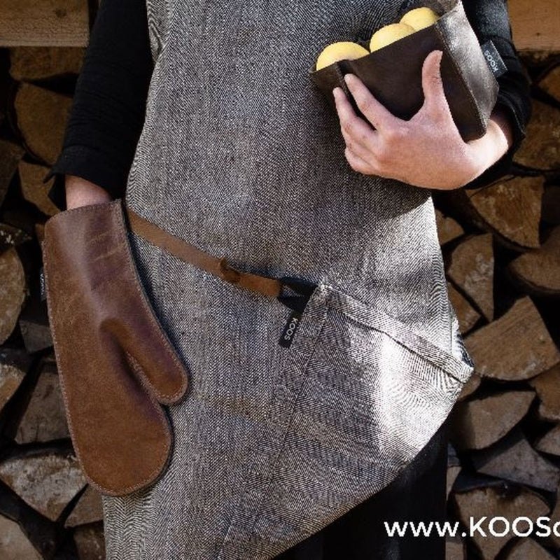 Elegant Herringbone Linen Apron with Leather Details by KOOSdisain at www.brixbailey.com
