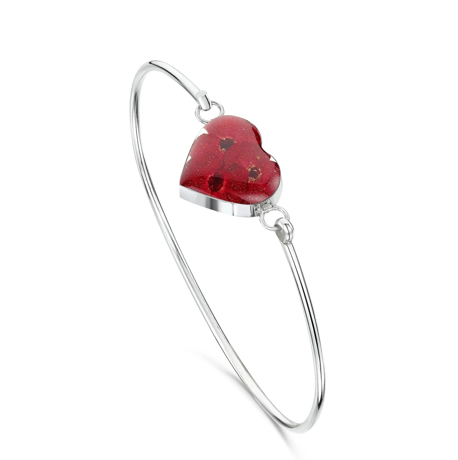 Sterling Silver Heart Bangle with Real Poppy Flowers