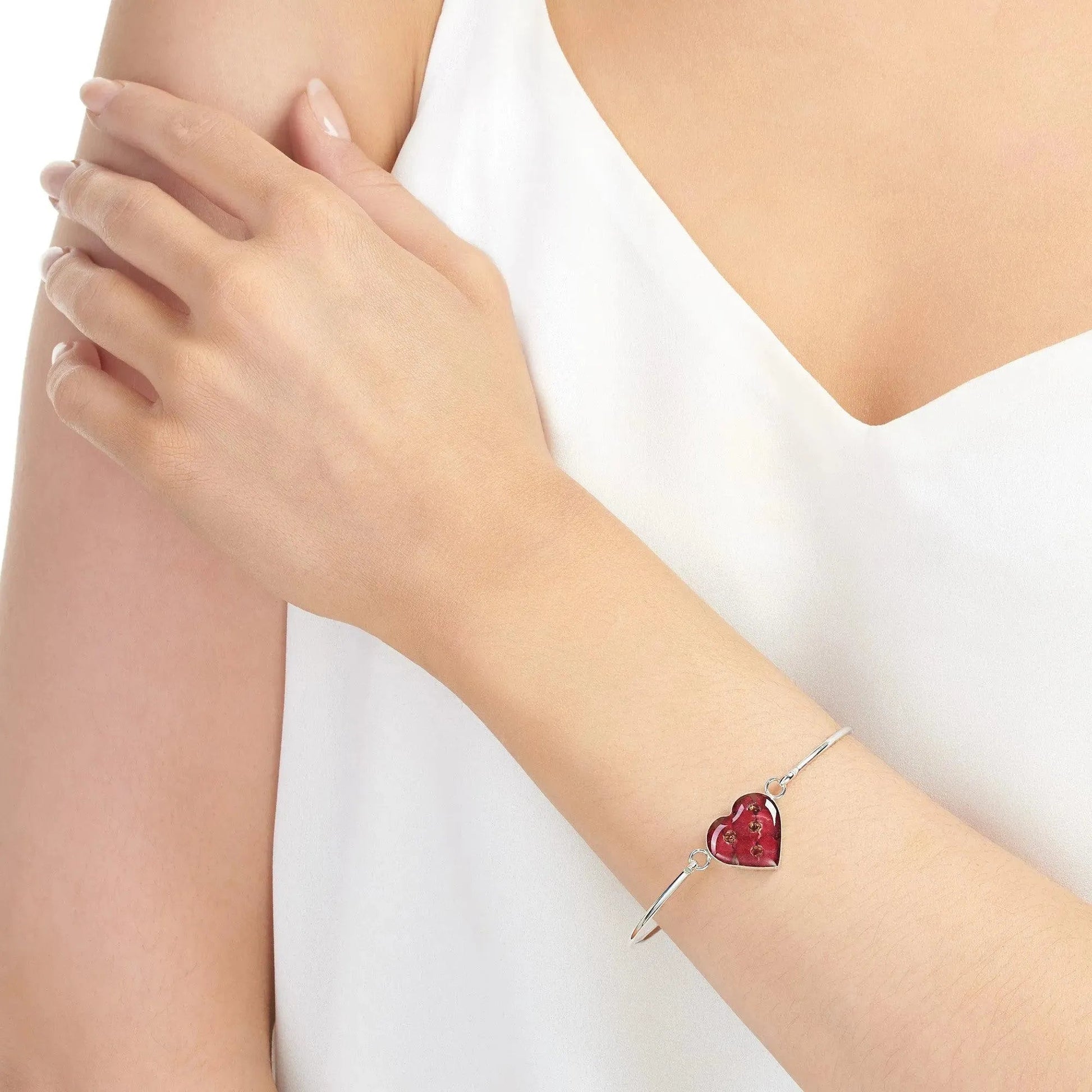 Sterling Silver Heart Bangle with Real Poppy Flowers