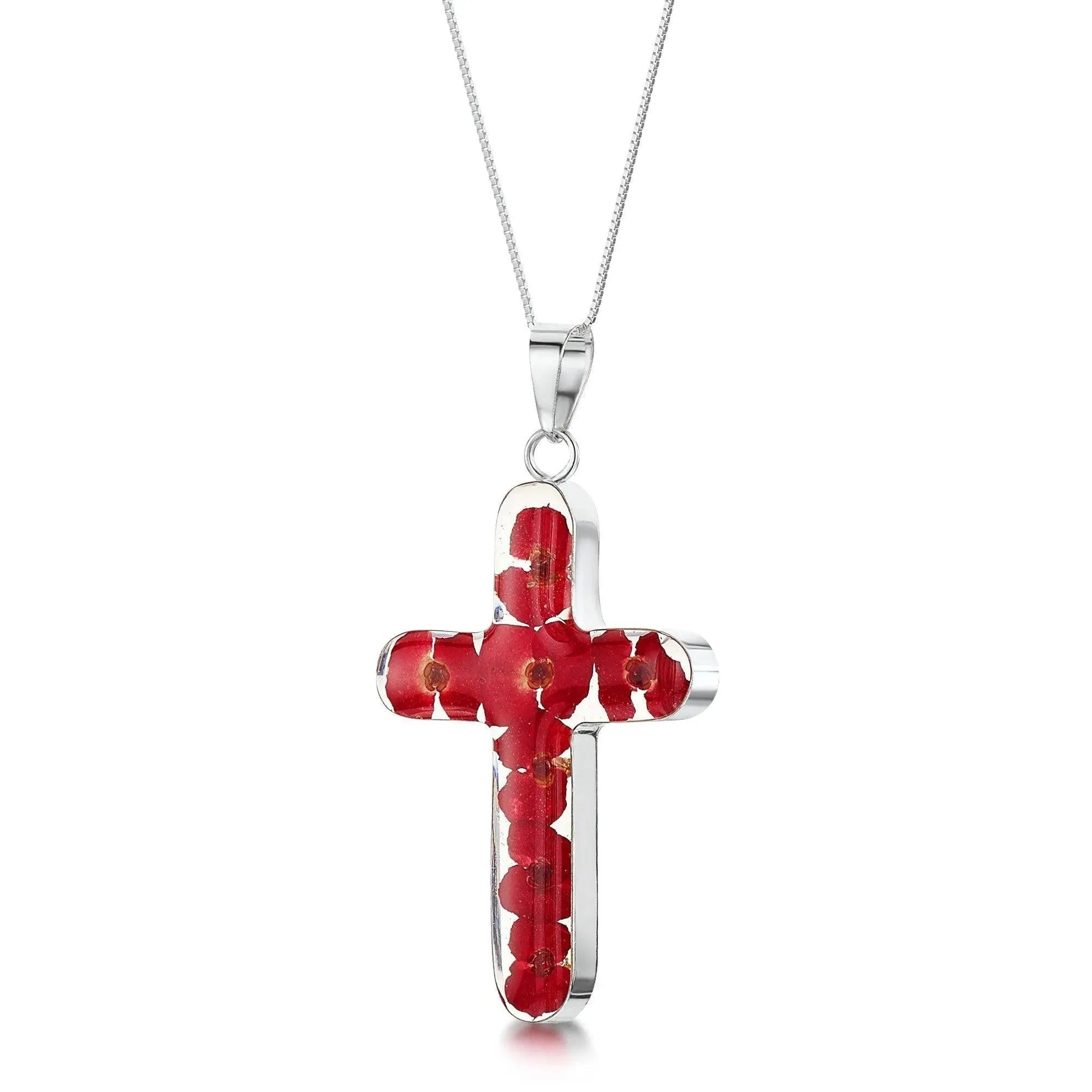 Sterling Silver Poppy Cross Necklace with Real Flowers Large Pendant