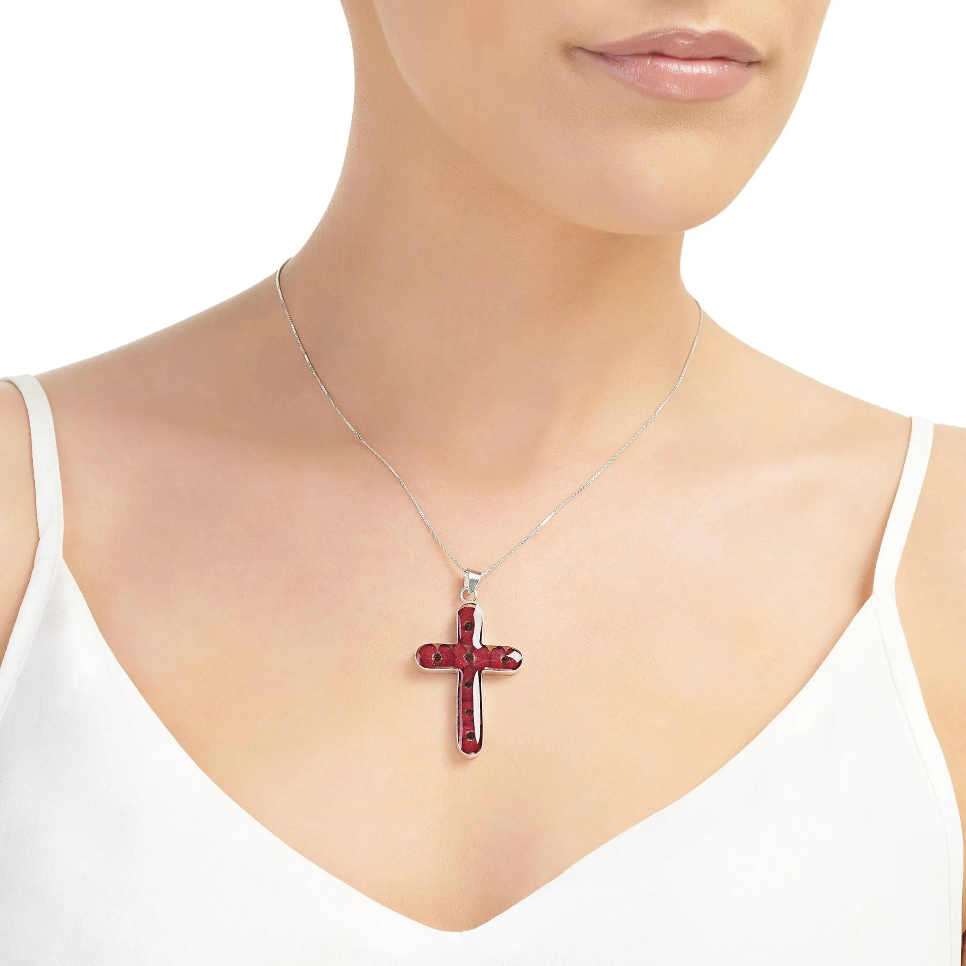 Sterling Silver Poppy Cross Necklace with Real Flowers Large Pendant