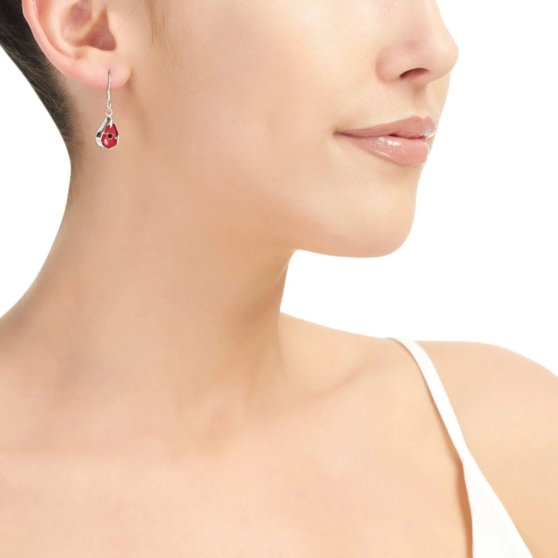 Poppy Teardrop Earrings Sterling Silver with Real Flowers