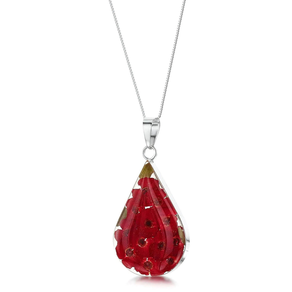 Poppy Teardrop Necklace in Sterling Silver with Real Flowers