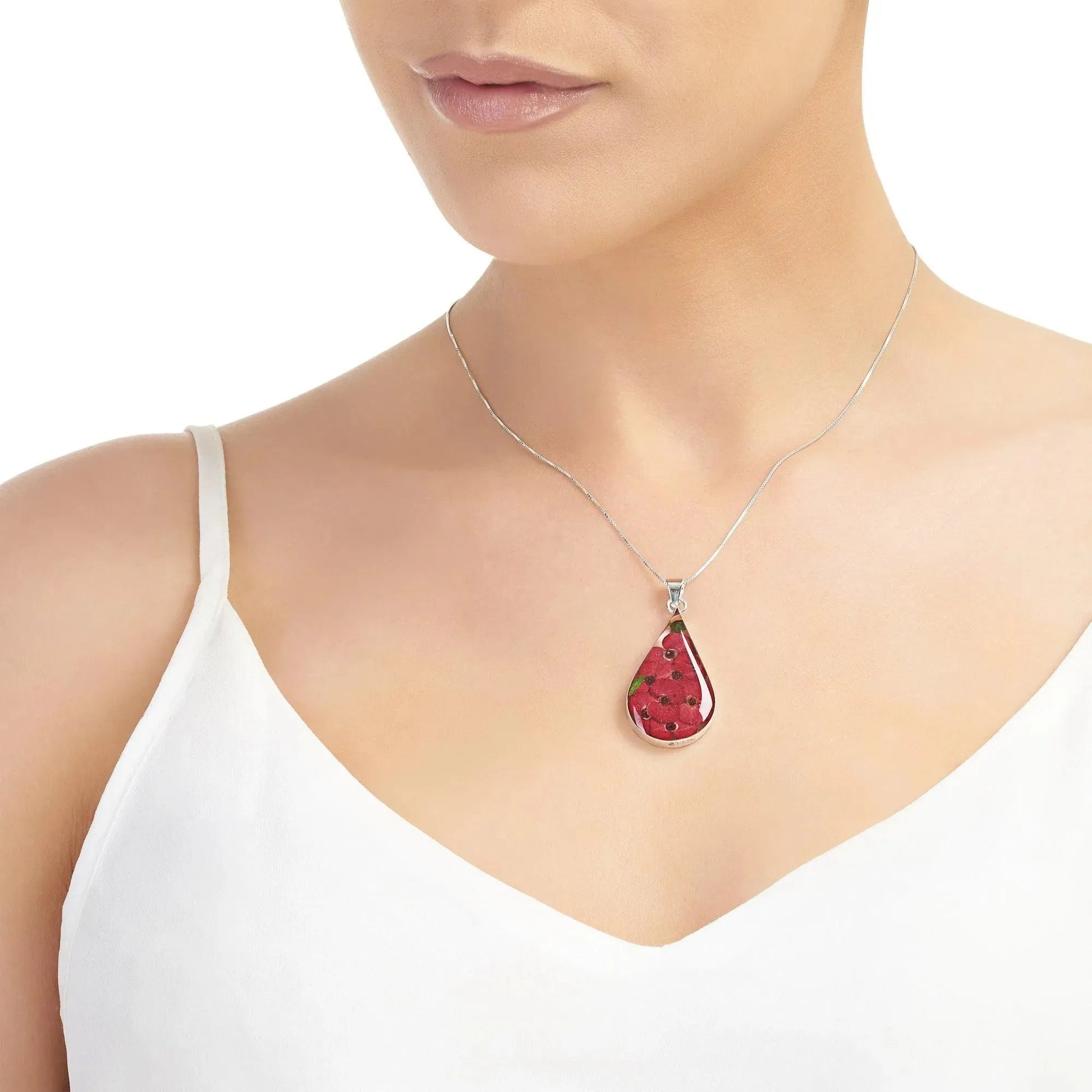 Poppy Teardrop Necklace in Sterling Silver with Real Flowers