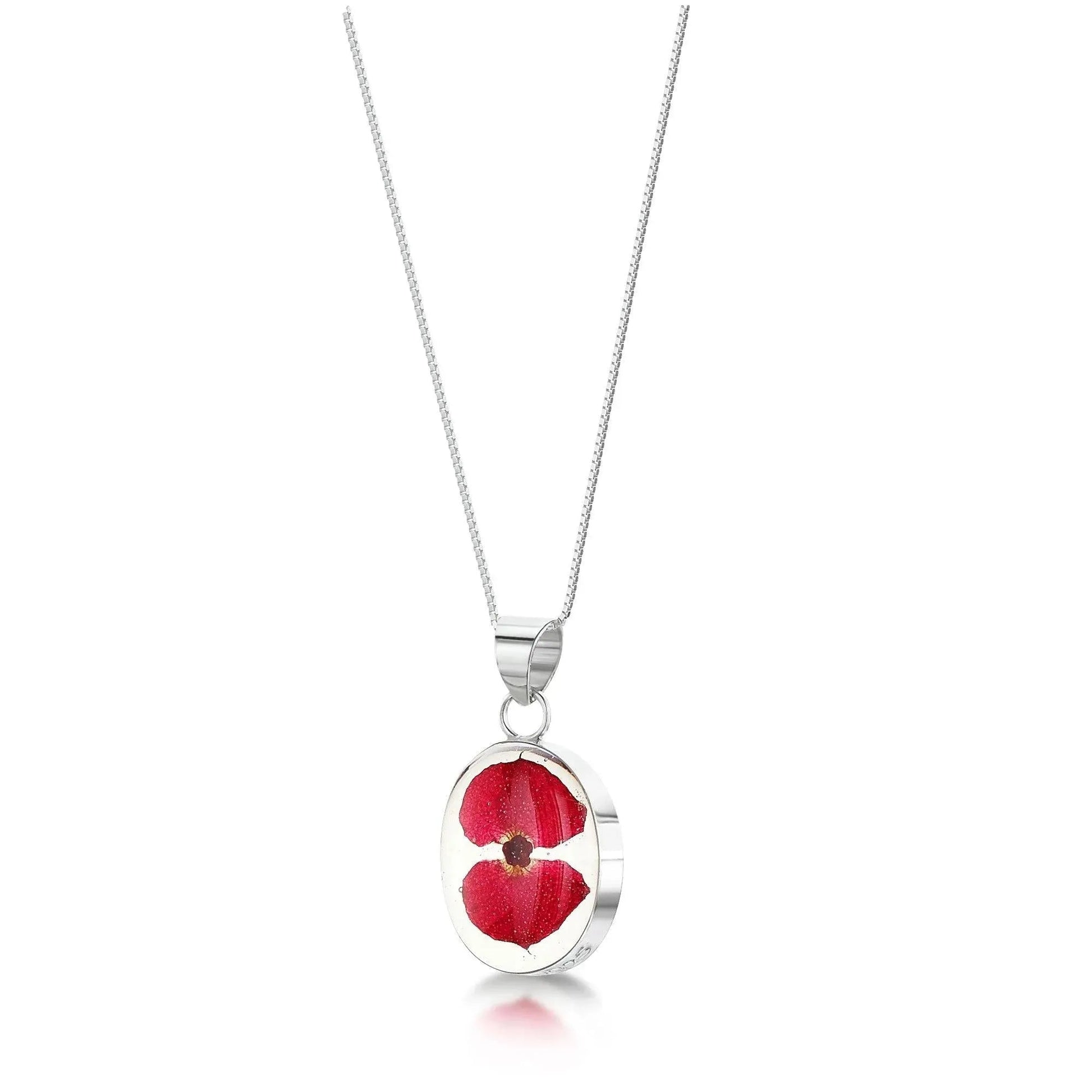 Poppy Real Flower Sterling Silver Oval Pendant Necklace