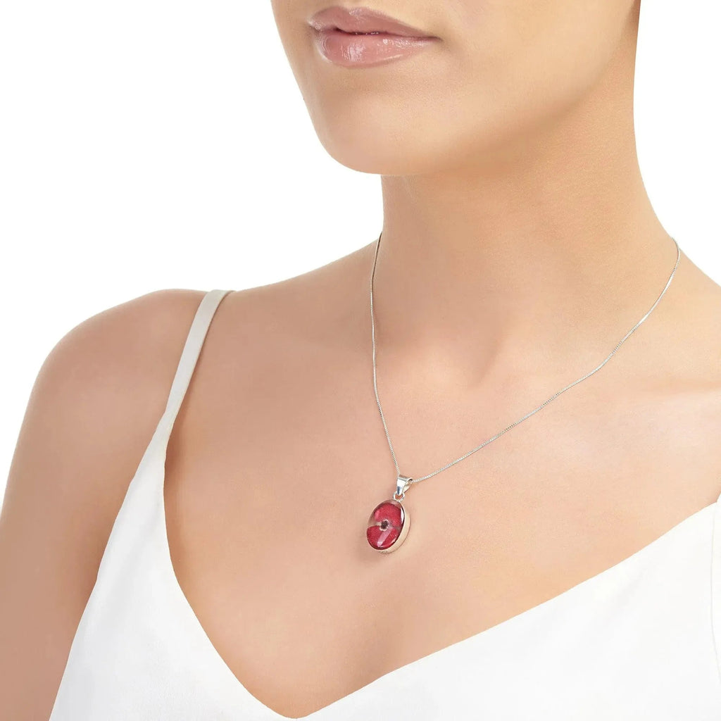 Poppy Real Flower Sterling Silver Oval Pendant Necklace