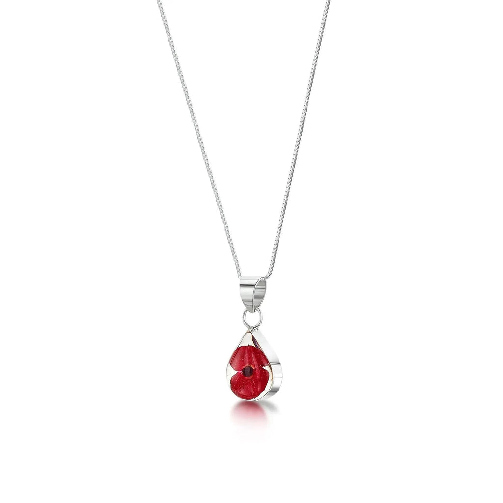 Real Poppy Flower Sterling Silver Teardrop Necklace